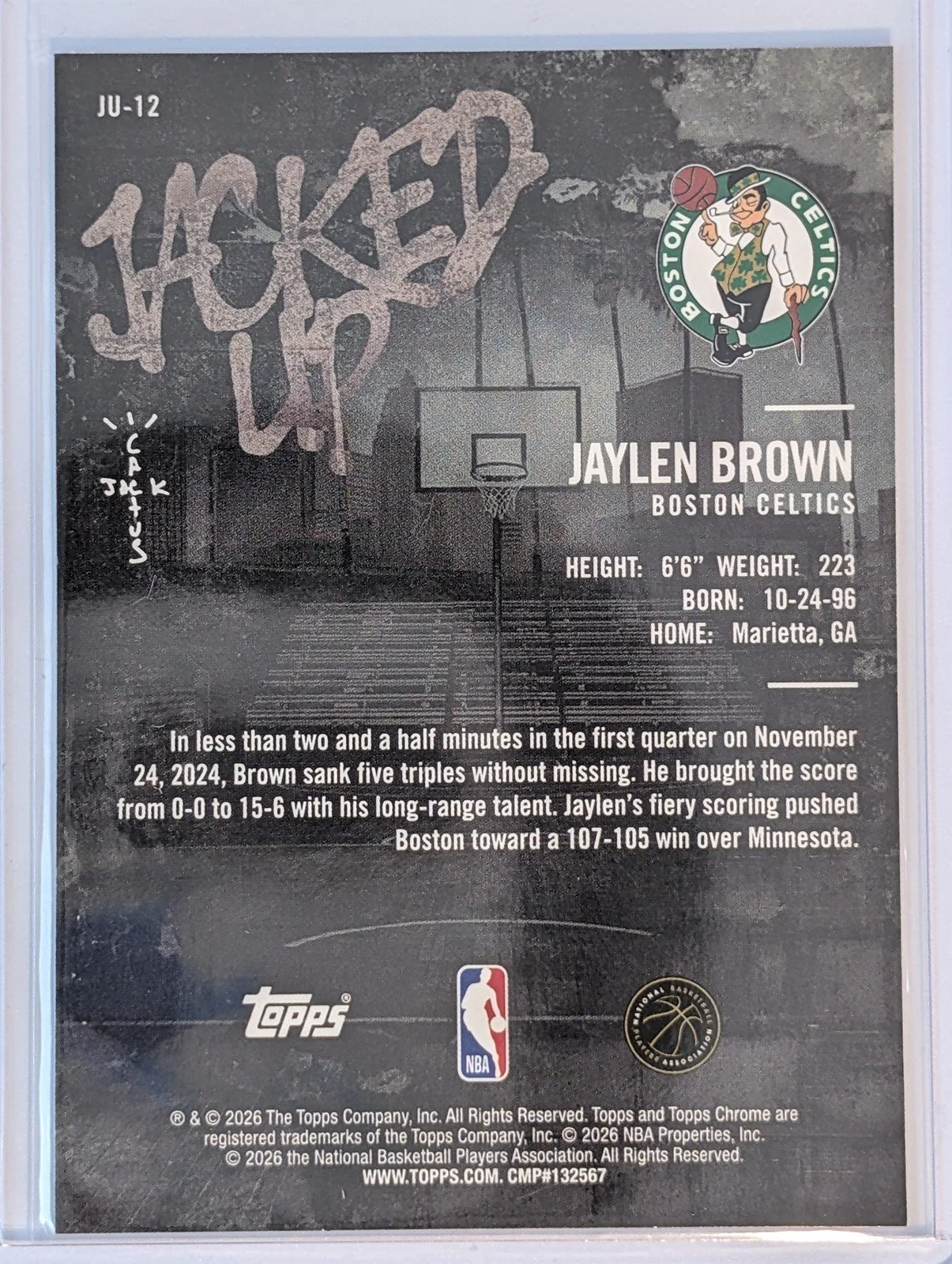 Back of 2025-26 Topps Chrome Cactus Jack #JU-12 Jaylen Brown Jacked Up