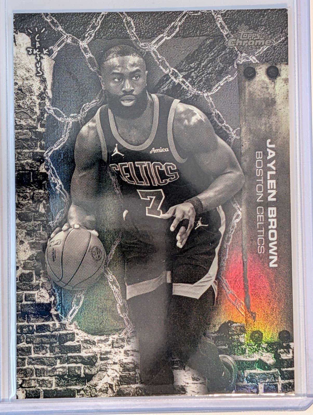 Front of 2025-26 Topps Chrome Cactus Jack #2 Jaylen Brown White Refractor