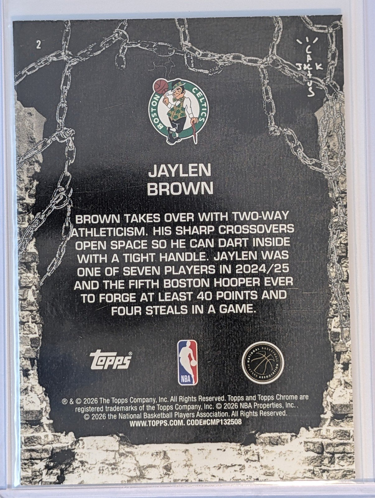 Back of 2025-26 Topps Chrome Cactus Jack #2 Jaylen Brown White Refractor