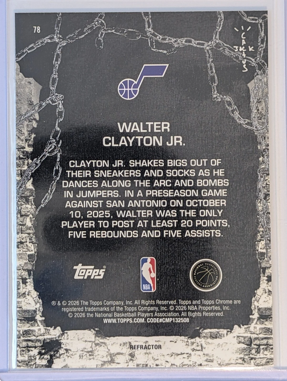 Back of 2025-26 Topps Chrome Cactus Jack #78 Walter Clayton Jr. Refractor