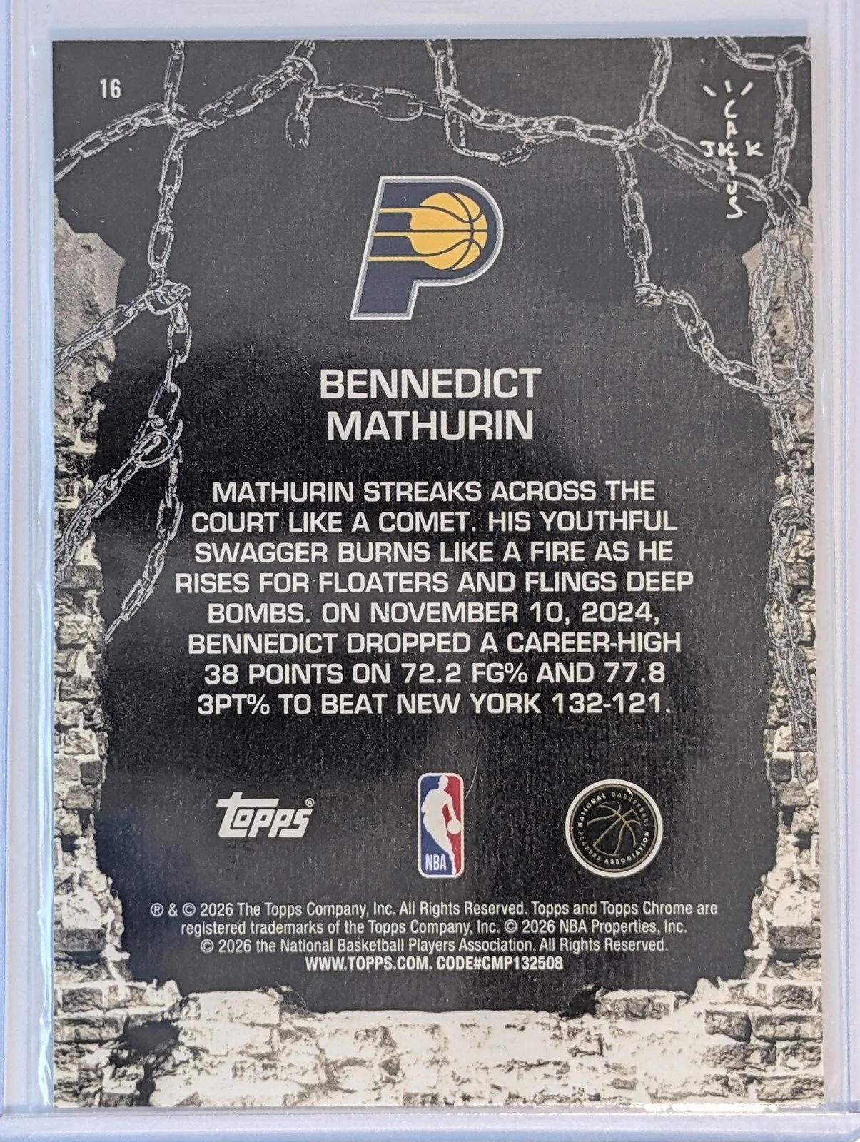 Back of 2025-26 Topps Chrome Cactus Jack #16 Bennedict Mathurin White