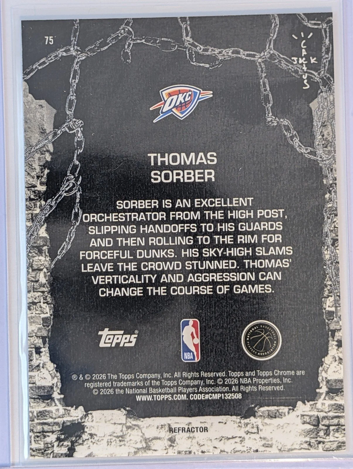 Back of 2025-26 Topps Chrome Cactus Jack #75 Thomas Sorber Refractor