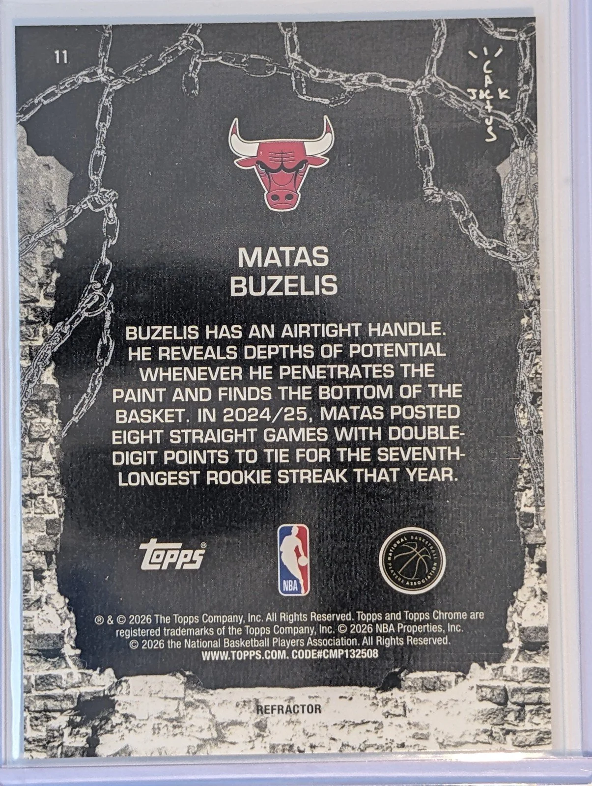 Back of 2025-26 Topps Chrome Cactus Jack #11 Matas Buzelis Refractor