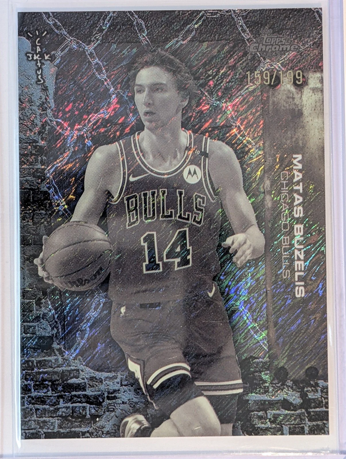 Front of 2025-26 Topps Chrome Cactus Jack #11 Matas Buzelis Aqua Shimmer Refractor #/199