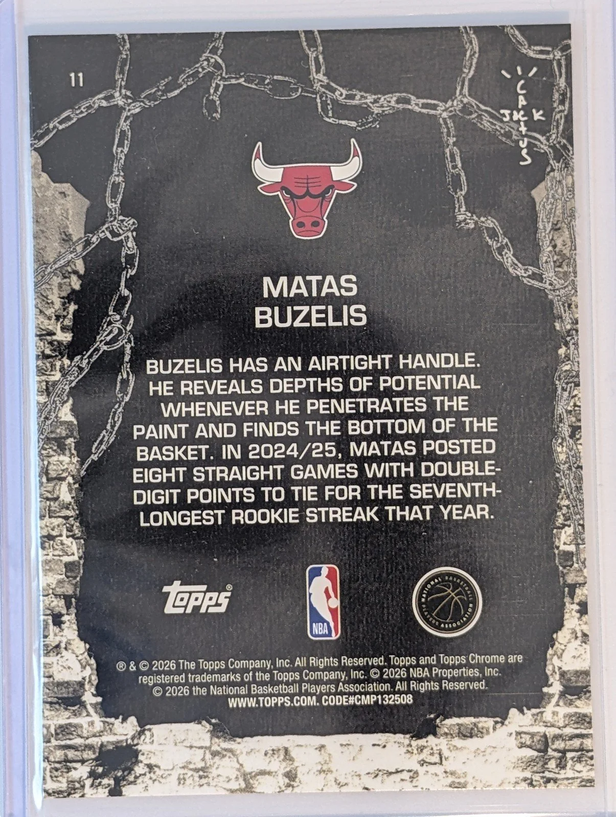 Back of 2025-26 Topps Chrome Cactus Jack #11 Matas Buzelis Aqua Shimmer Refractor #/199