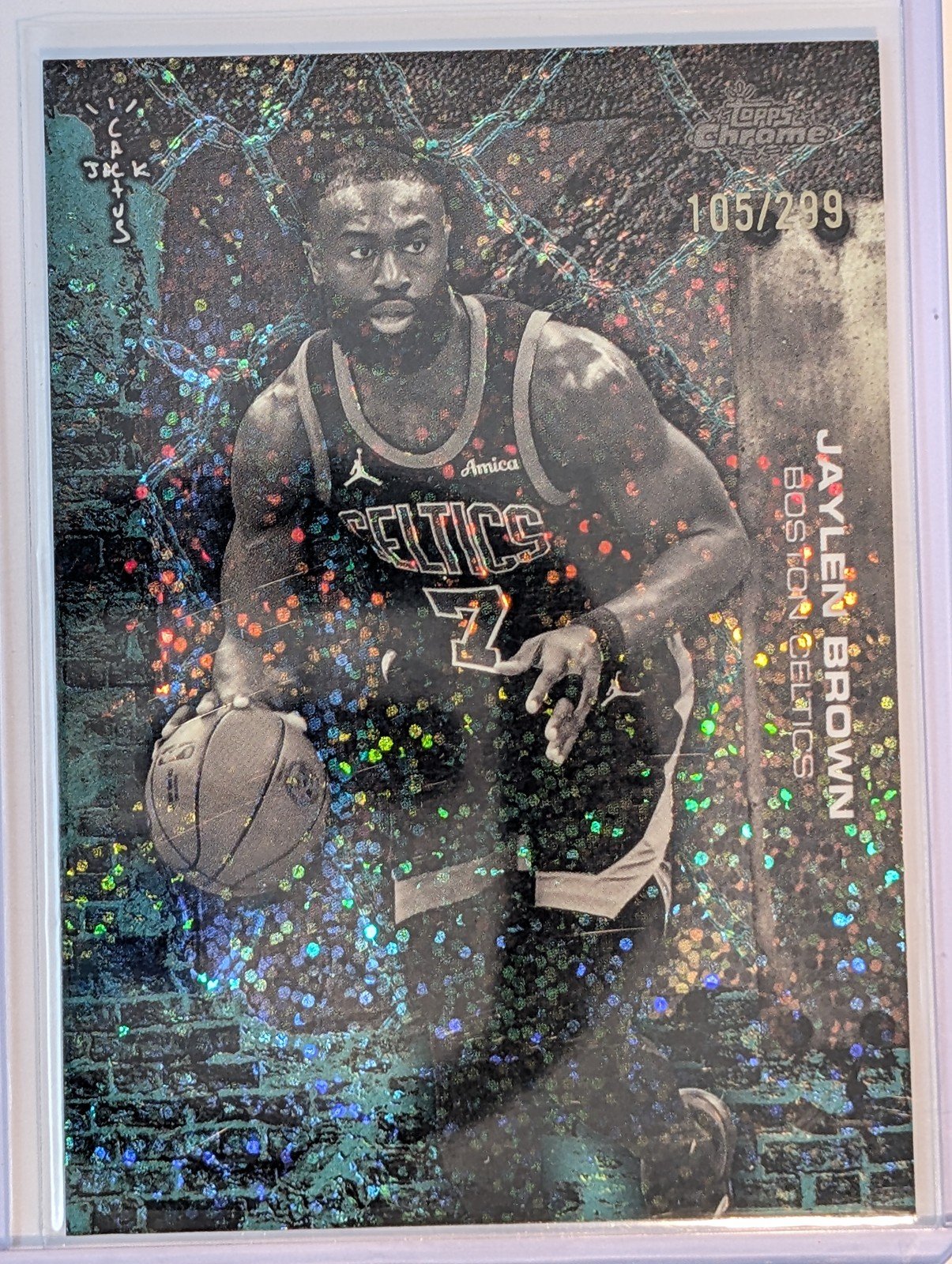 Front of 2025-26 Topps Chrome Cactus Jack #2 Jaylen Brown Teal Speckle Refractor /299