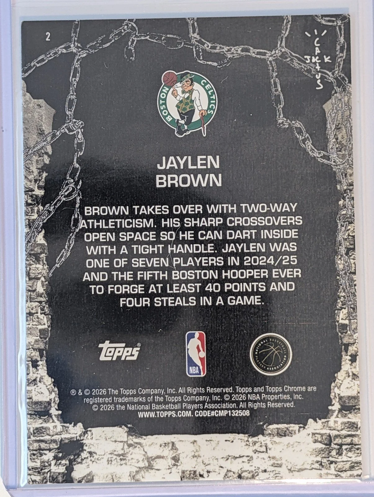 Back of 2025-26 Topps Chrome Cactus Jack #2 Jaylen Brown Teal Speckle Refractor /299