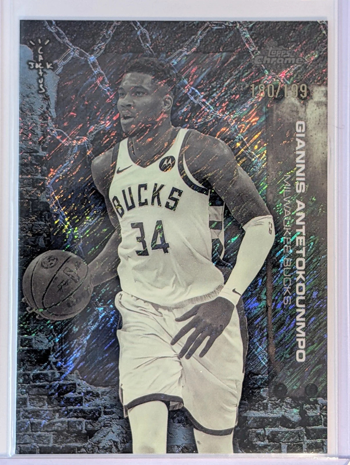 Front of 2025-26 Topps Cactus Jack Giannis Antetokounmpo Aqua Shimmer Refractor #/199
