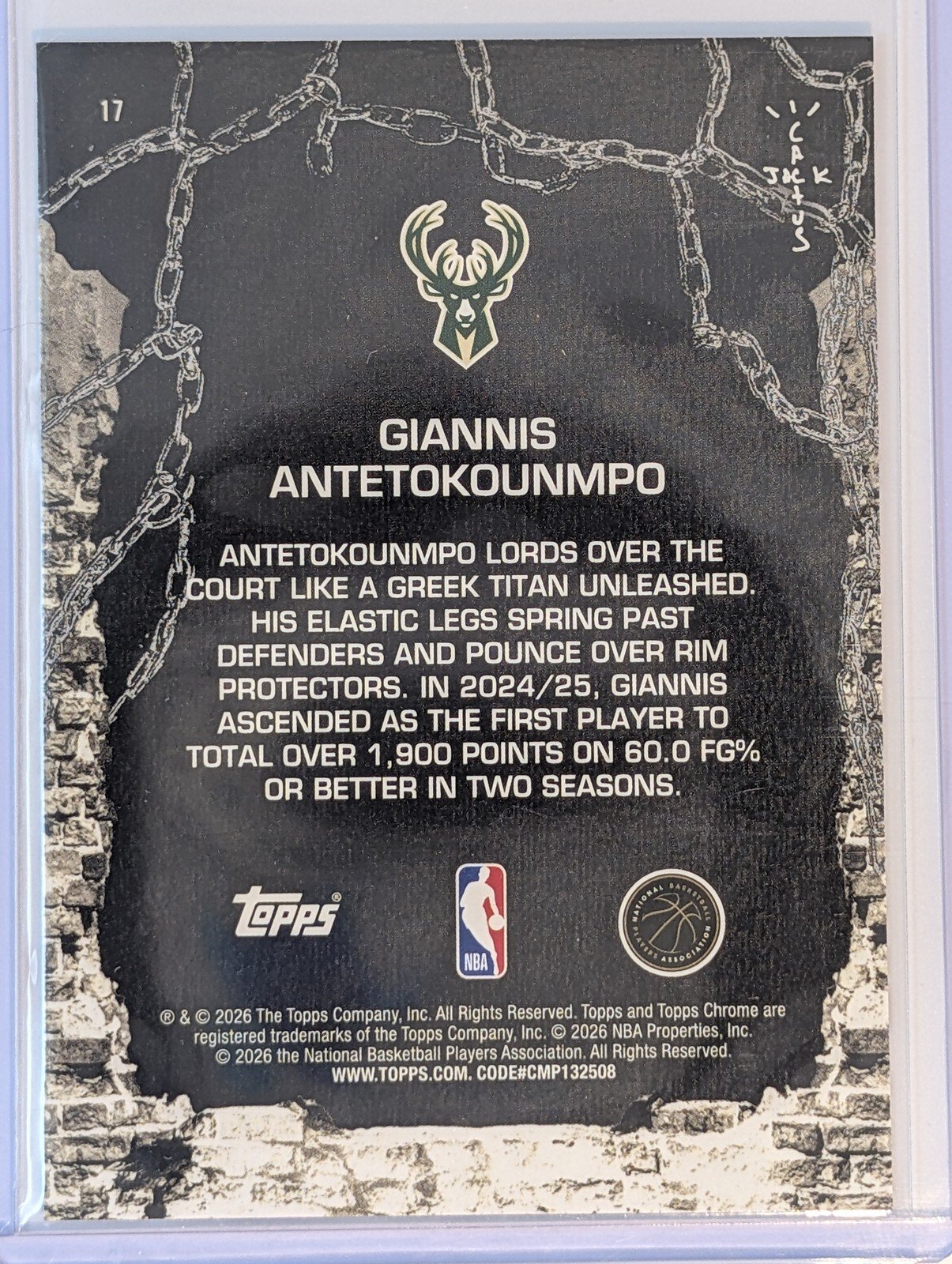 Back of 2025-26 Topps Cactus Jack Giannis Antetokounmpo Aqua Shimmer Refractor #/199