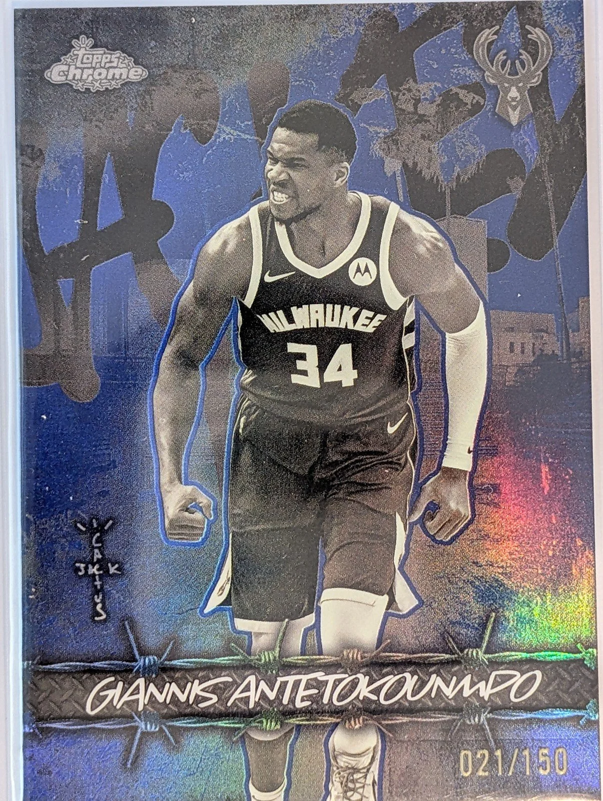Front of 2025-26 Topps Cactus /150 Jack Giannis Antetokounmpo Jacked Up Blue Refractor
