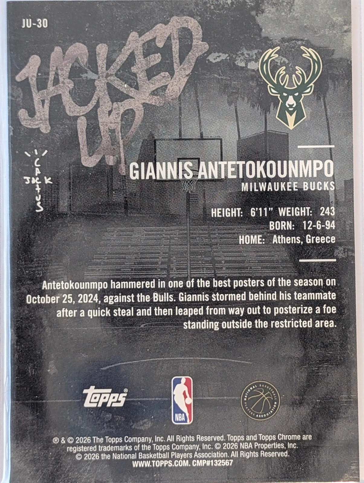 Back of 2025-26 Topps Cactus /150 Jack Giannis Antetokounmpo Jacked Up Blue Refractor