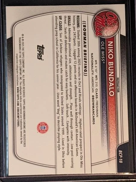 Back of 2025-26 Bowman #BCP-18 Niko Bundalo Chrome Prospects Refractor #/499