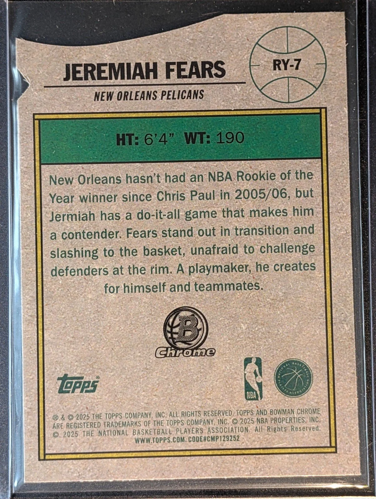 Back of 2025-26 Bowman #RY-7 Jeremiah Fears Rookie of the Year Favorites