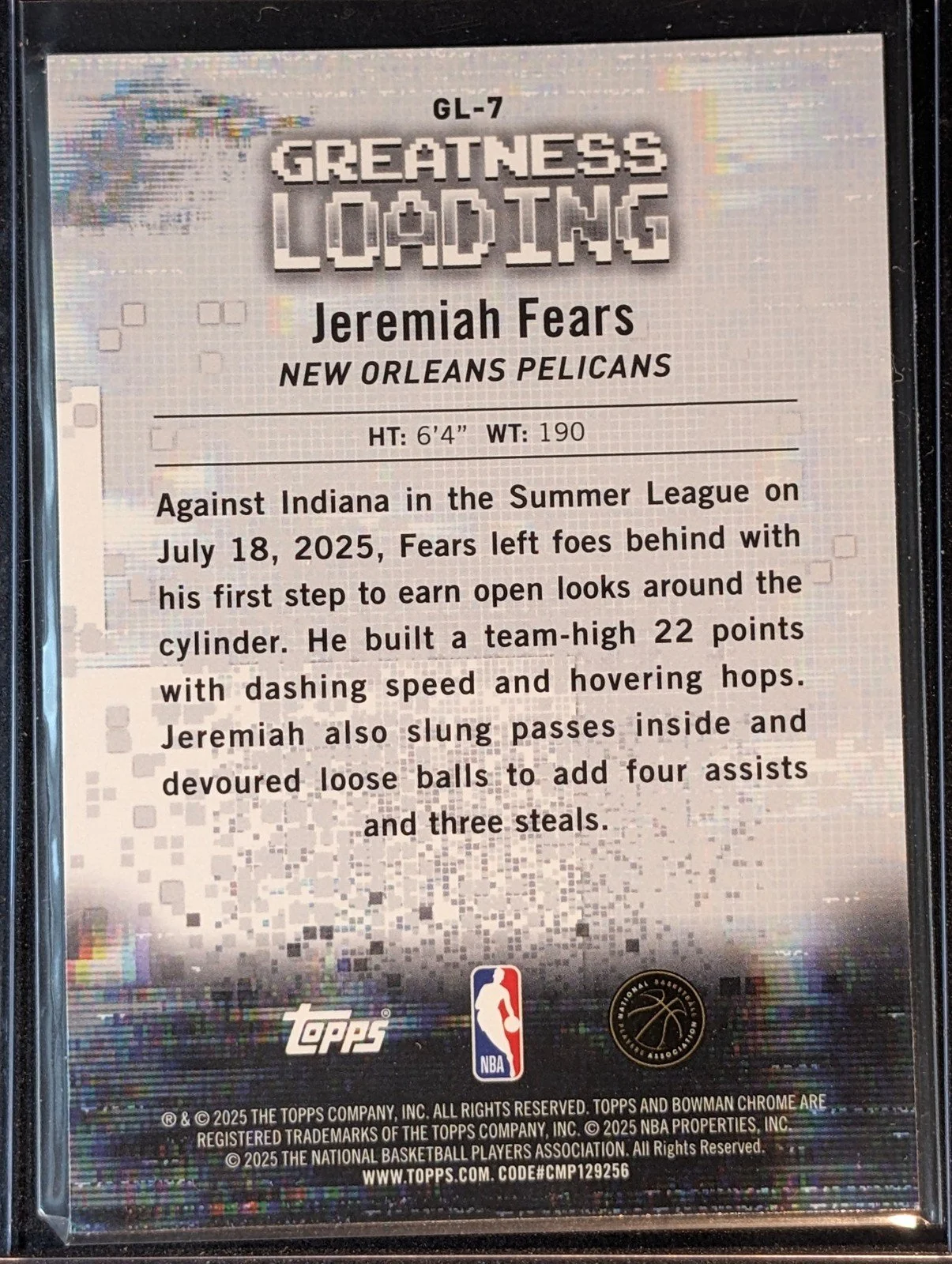 Back of 2025-26 Bowman #GL-7 Jeremiah Fears Greatness Loading