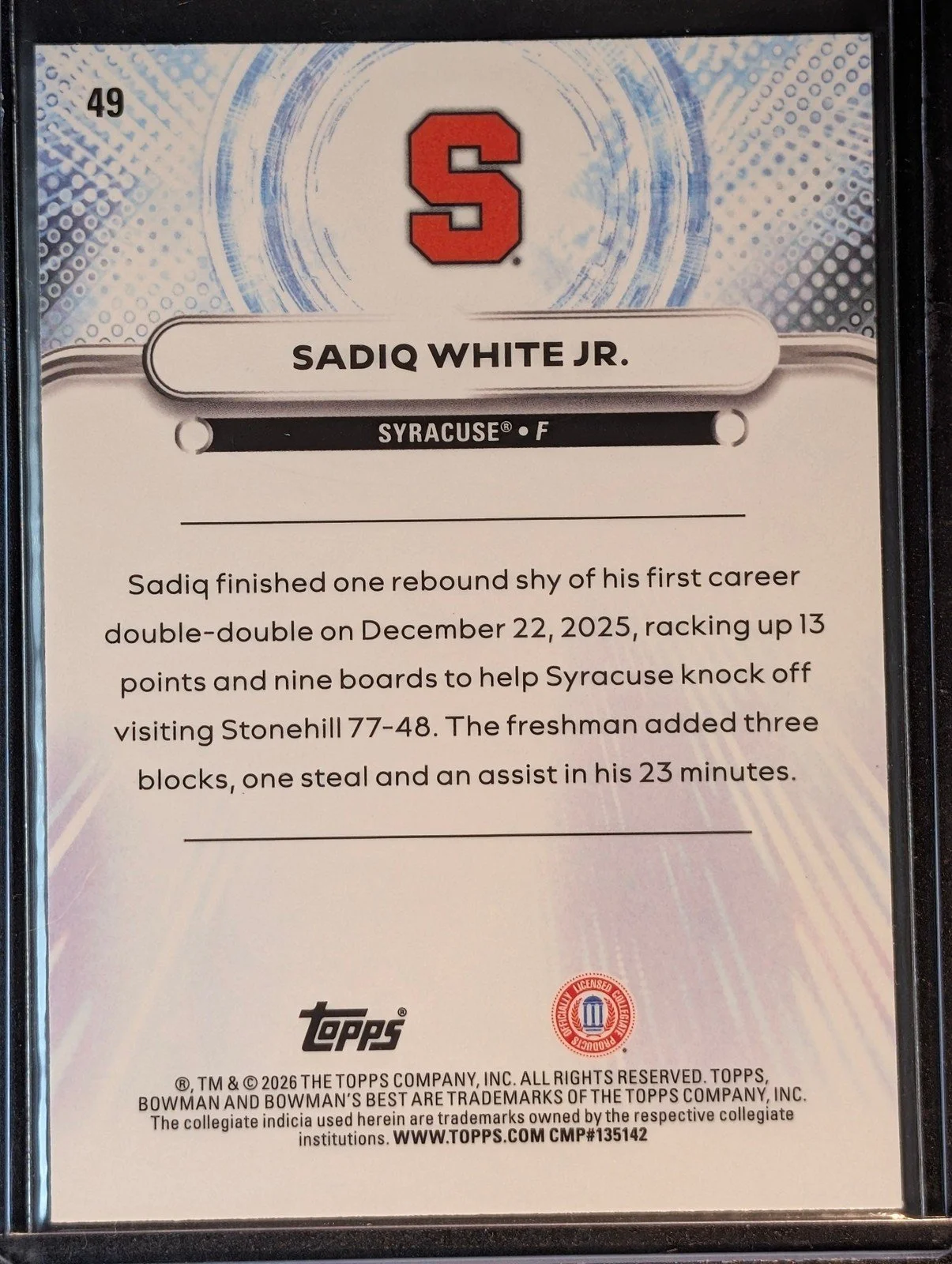 Back of 2025-26 Bowman's Best University #49 Sadiq White Jr.