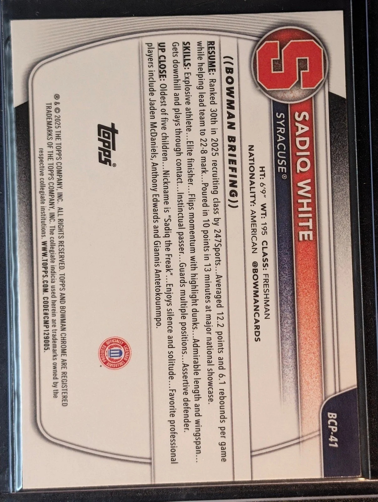 Back of 2025-26 Bowman #BCP-41 Sadiq White Jr. Chrome Prospects