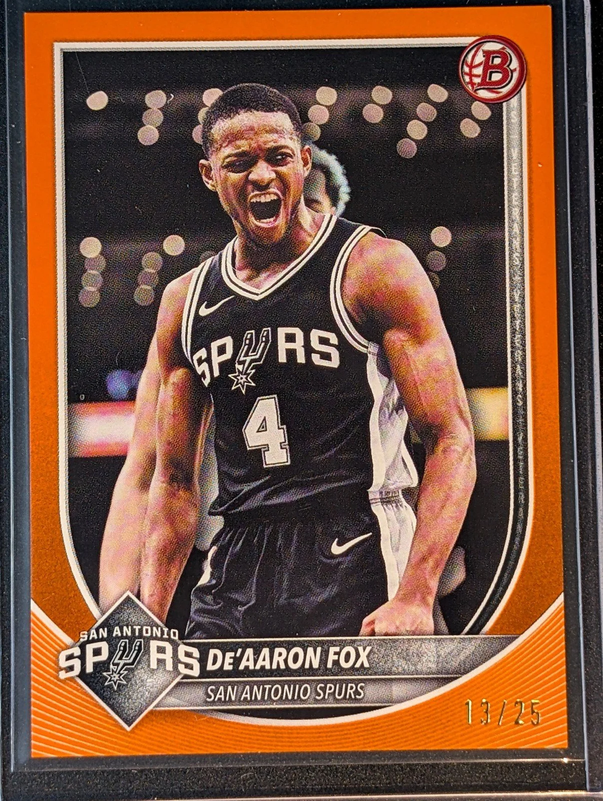 Front of 2025-26 Bowman #144 De'Aaron Fox Orange Border #/25