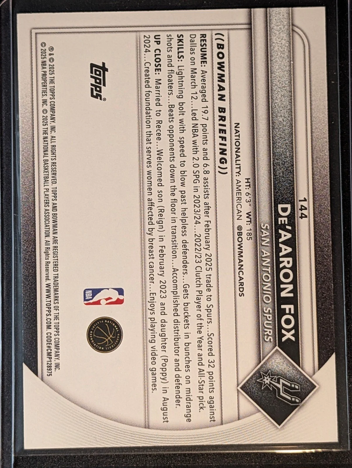Back of 2025-26 Bowman #144 De'Aaron Fox Orange Border #/25