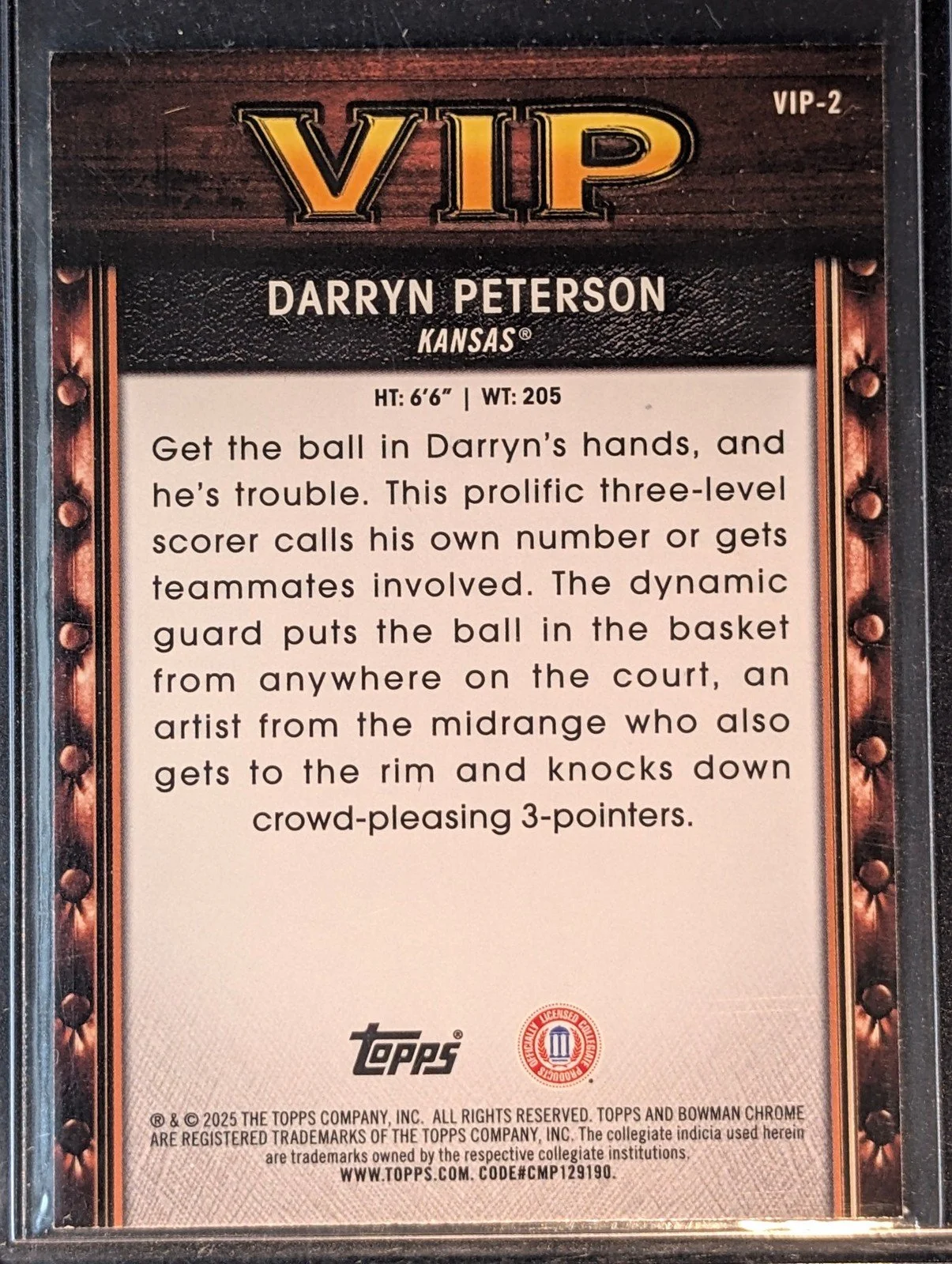 Back of 2025-26 Bowman #VIP-2 Darryn Peterson VIP Fuchsia Refractors #/199