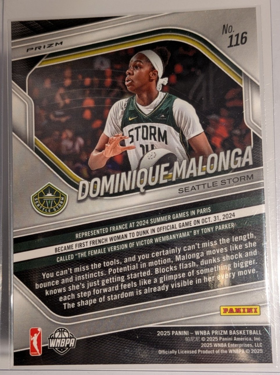 Back of 2025 Panini Prizm WNBA #116 Dominique Malonga Silver Prizm