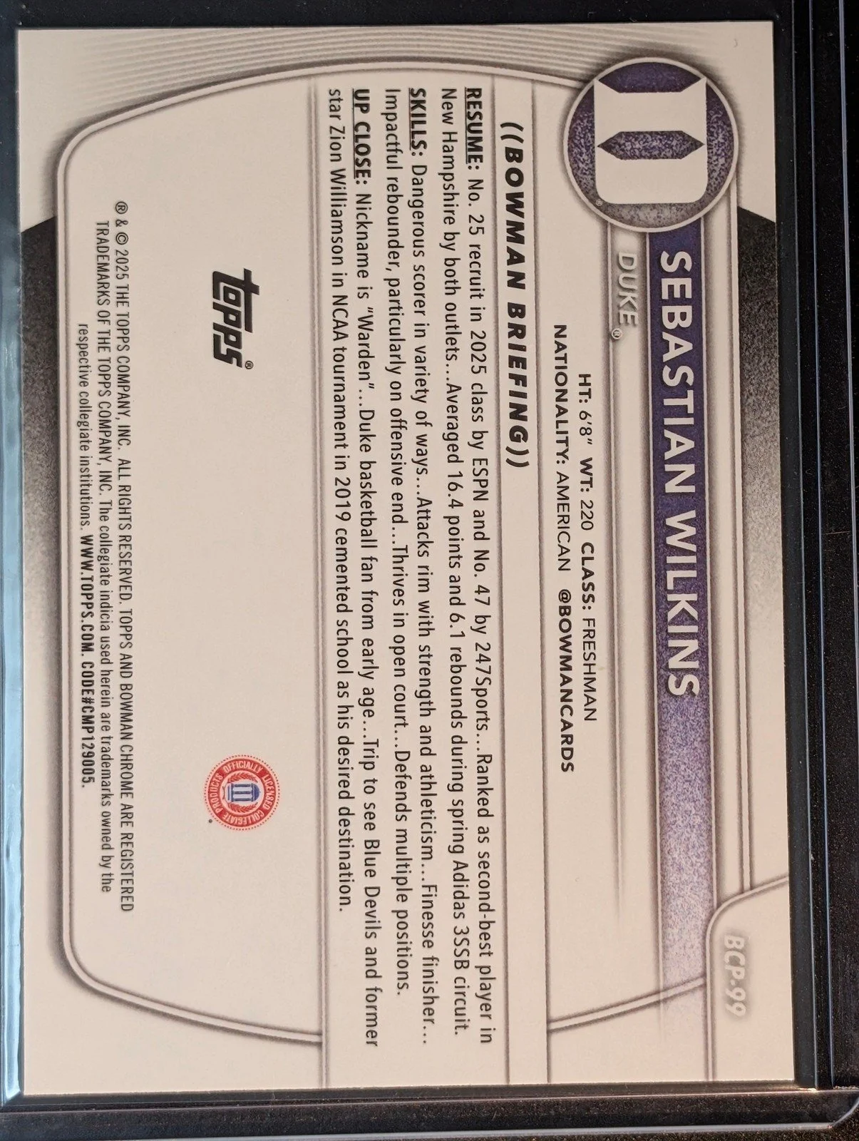 Back of 2025-26 Bowman #BCP-99 Sebastian Wilkins Mini-Diamond Refractor