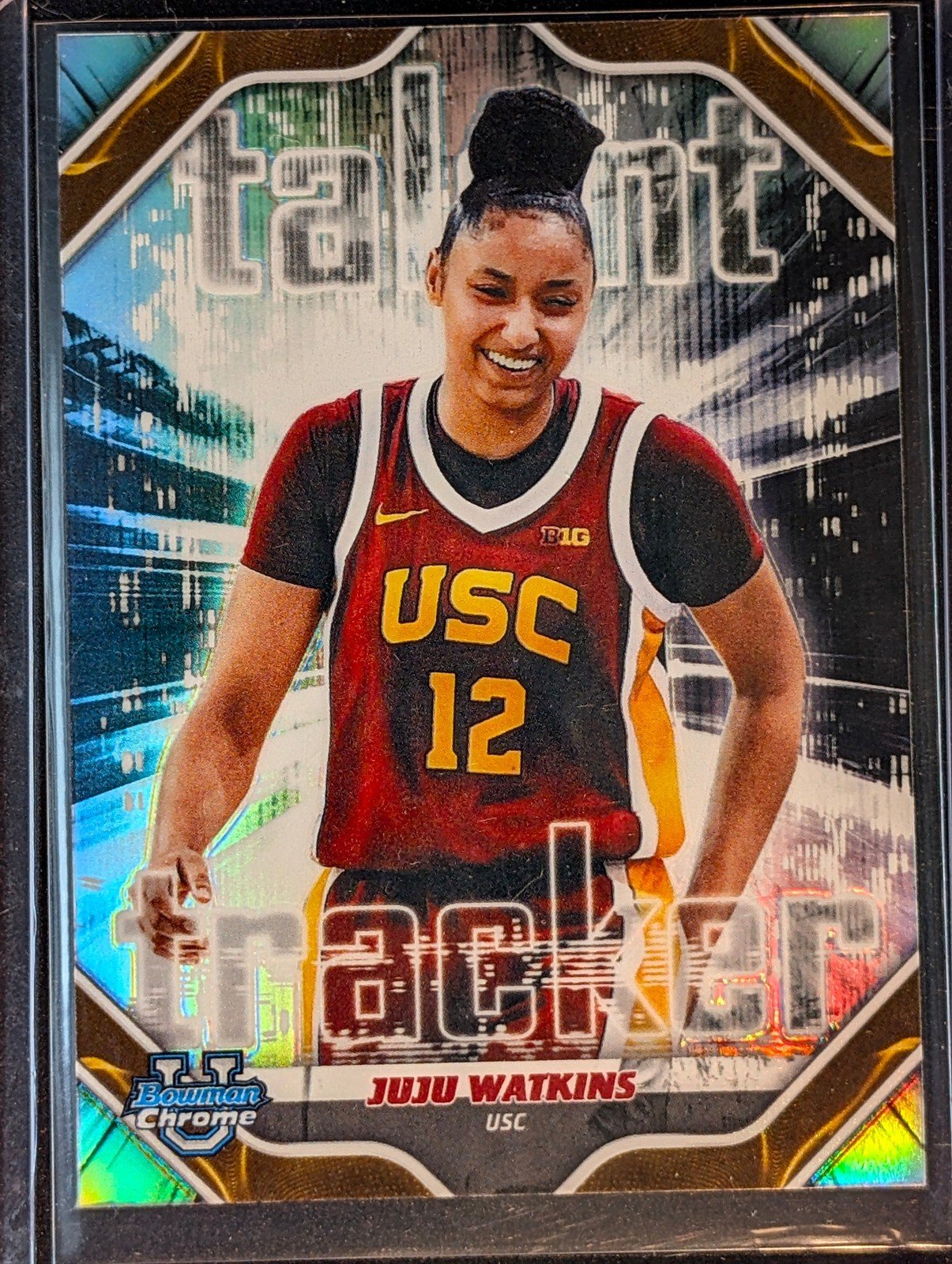 Front of 2025-26 Bowman #TT-8 Juju Watkins Talent Tracker Refractor