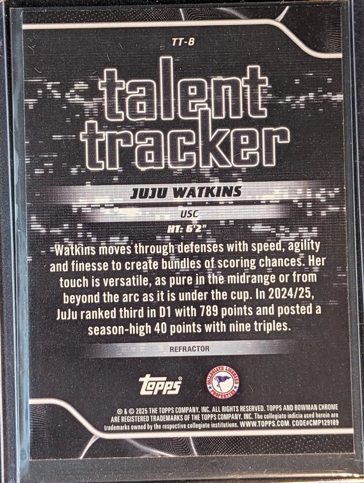 Back of 2025-26 Bowman #TT-8 Juju Watkins Talent Tracker Refractor