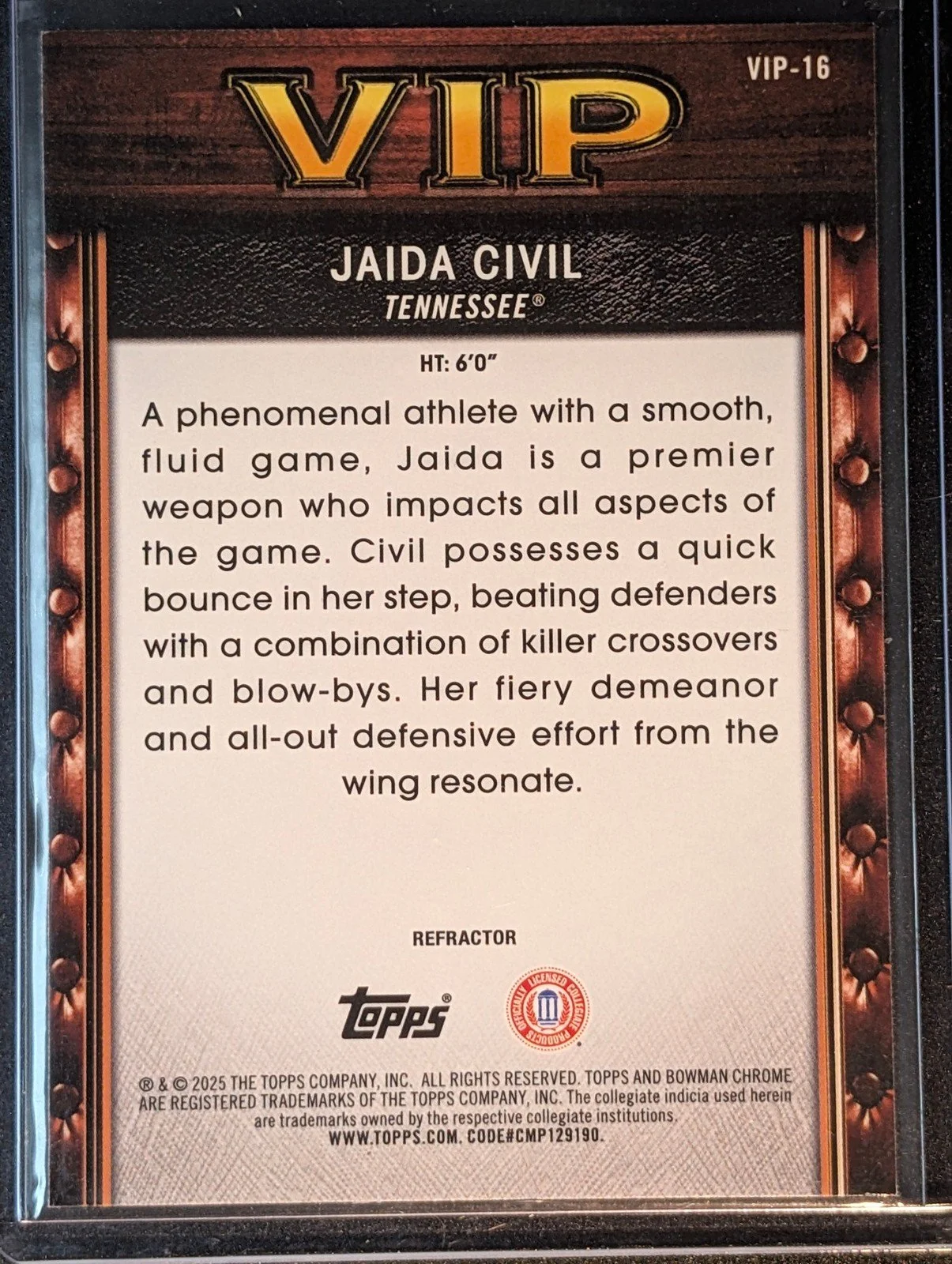 Back of 2025-26 Bowman #VIP-16 Jaida Civil Very Important Prospects Refractors