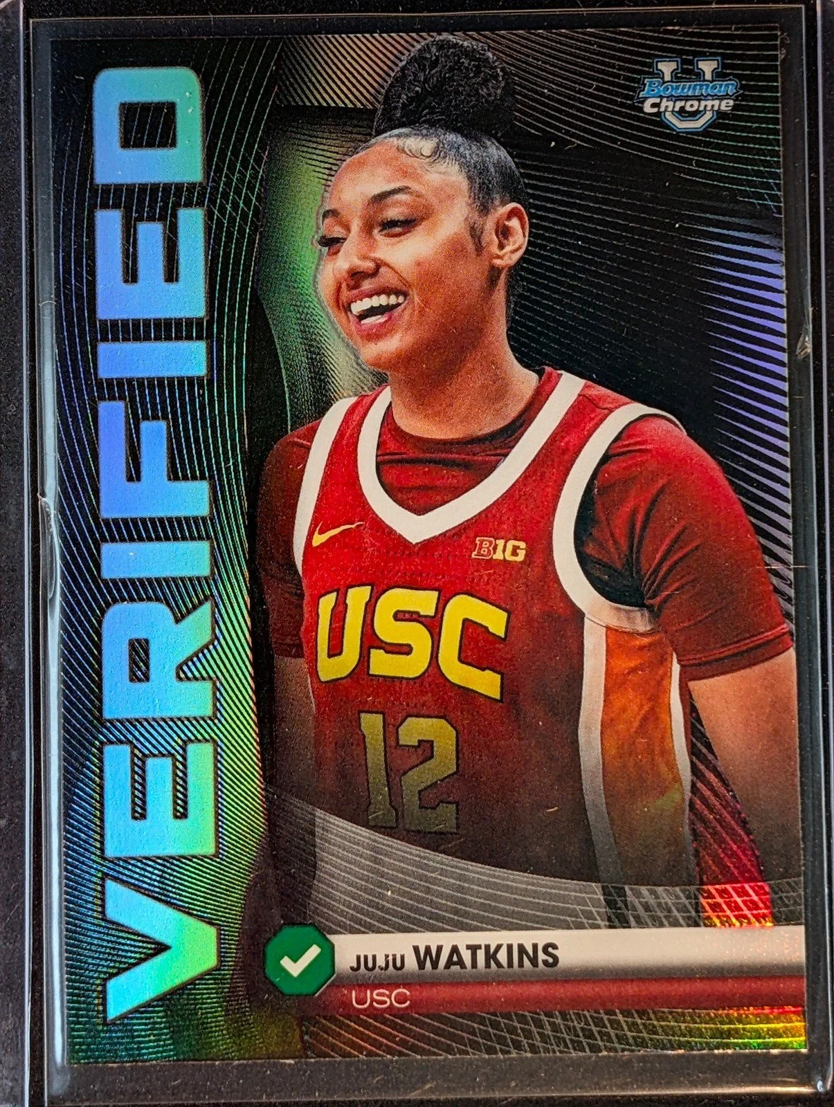 Front of 2025-26 Bowman #BV-8 Juju Watkins Bowman Verified Refractor