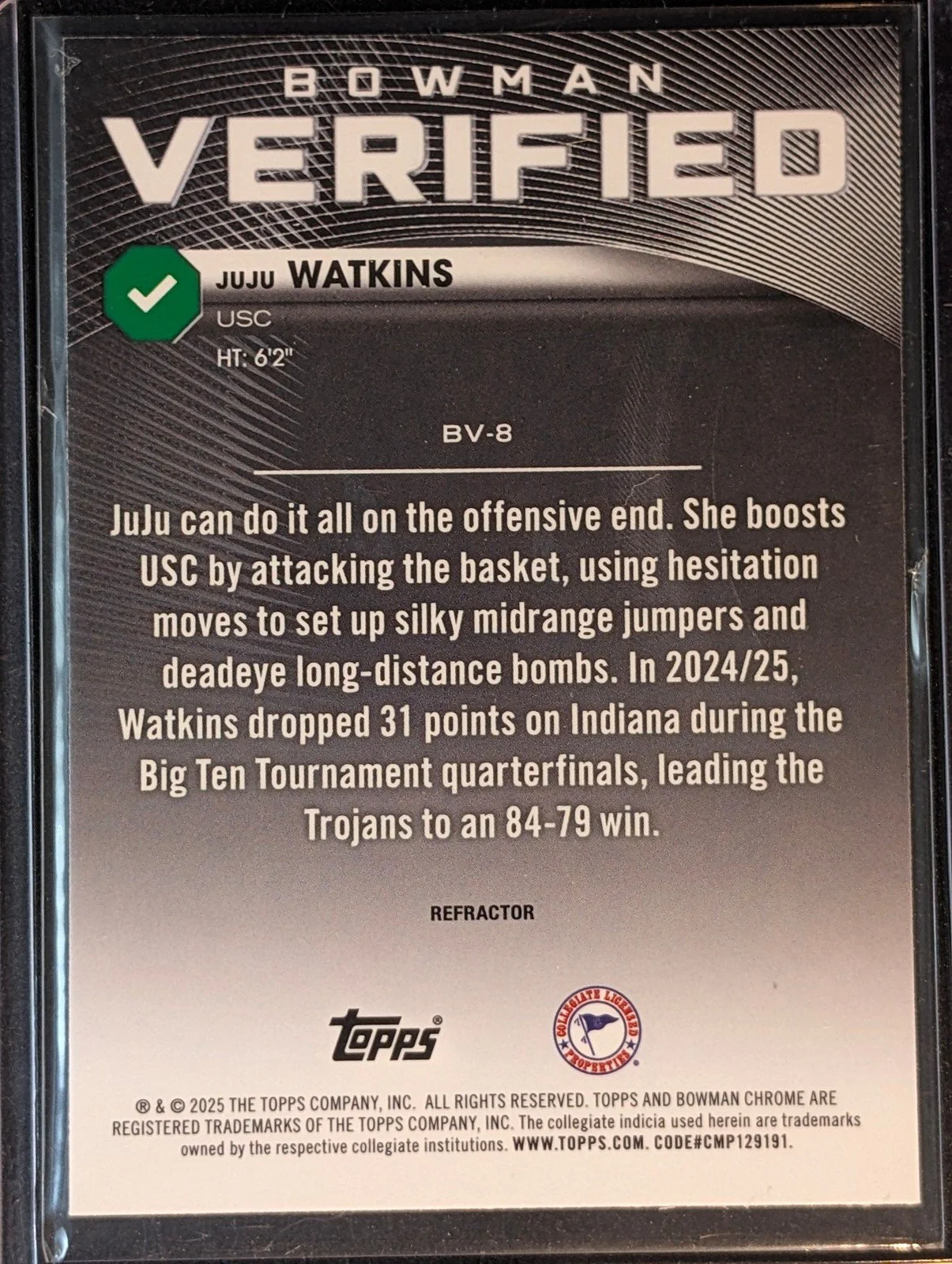 Back of 2025-26 Bowman #BV-8 Juju Watkins Bowman Verified Refractor