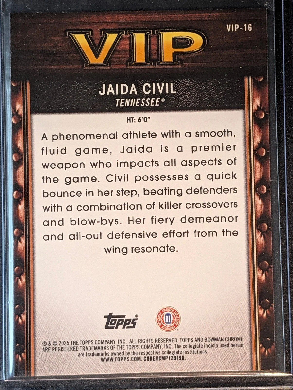 Back of 2025-26 Bowman #VIP-16 Jaida Civil Very Important Prospects