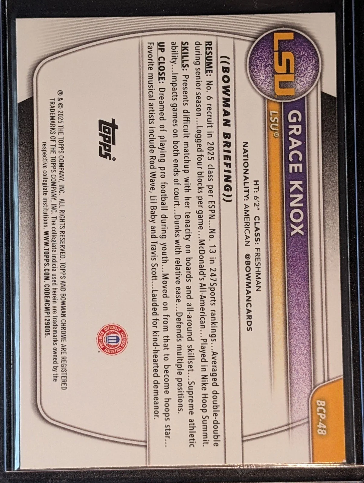 Back of 2025-26 Bowman #BCP-48 Grace Knox Chrome Prospects