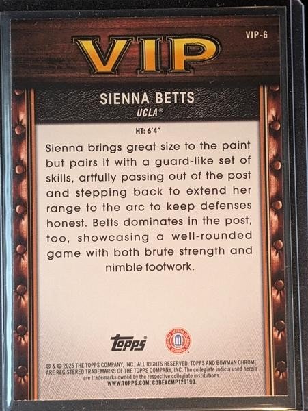 Back of 2025-26 Bowman #VIP-6 Sienna Betts Fuchsia Refractors #/199
