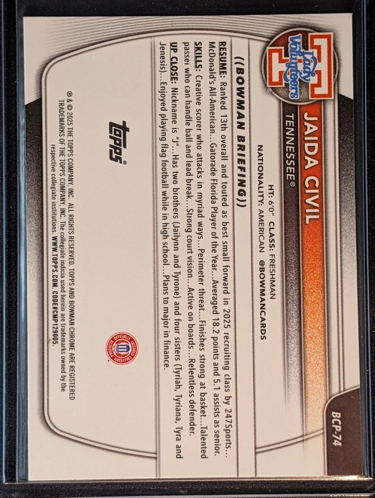 Back of 2025-26 Bowman #BCP-74 Jaida Civil Chrome Prospects