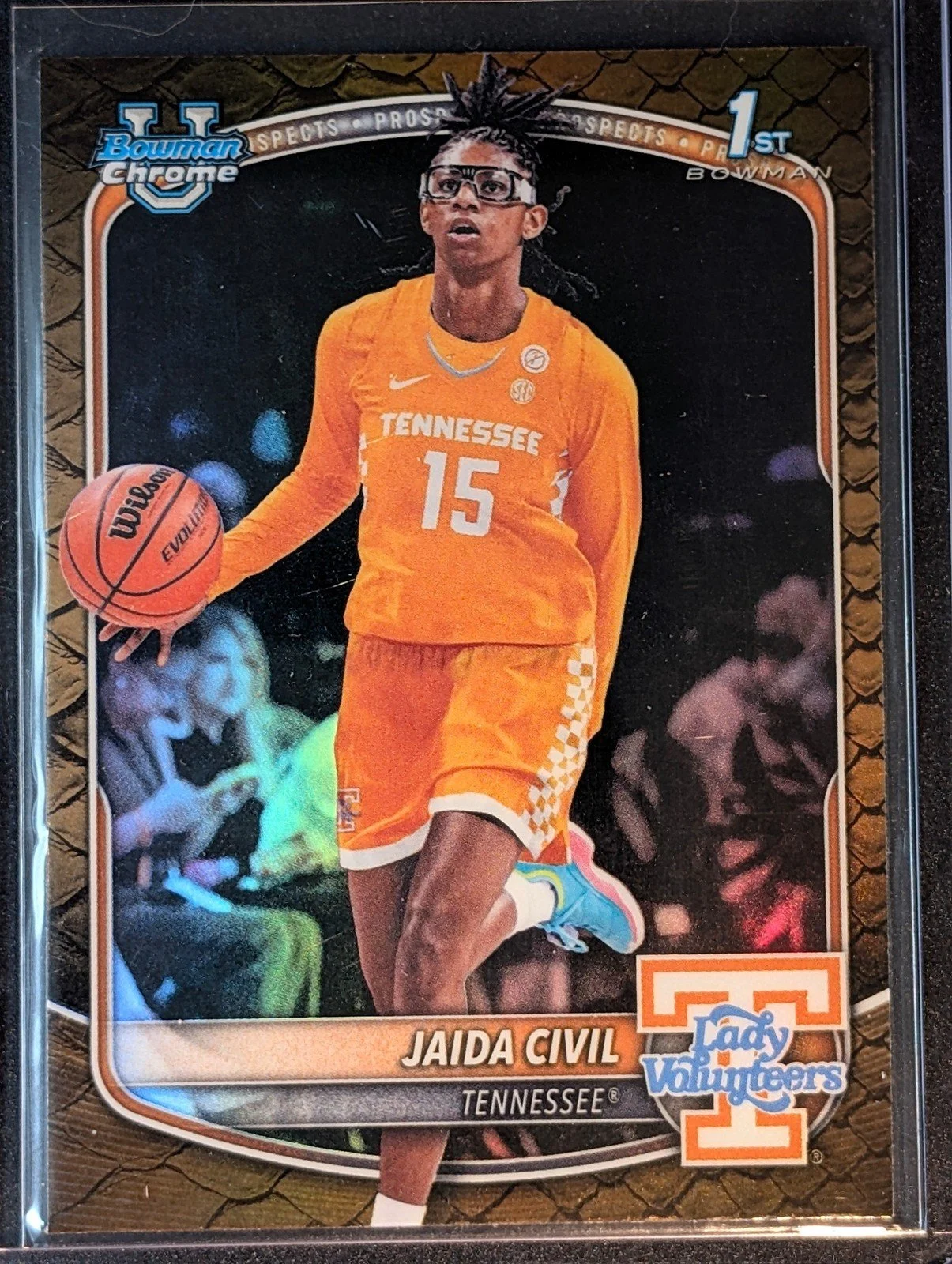 Front of 2025-26 Bowman #BCP-74 Jaida Civil Chrome Prospects Reptilian Refractor