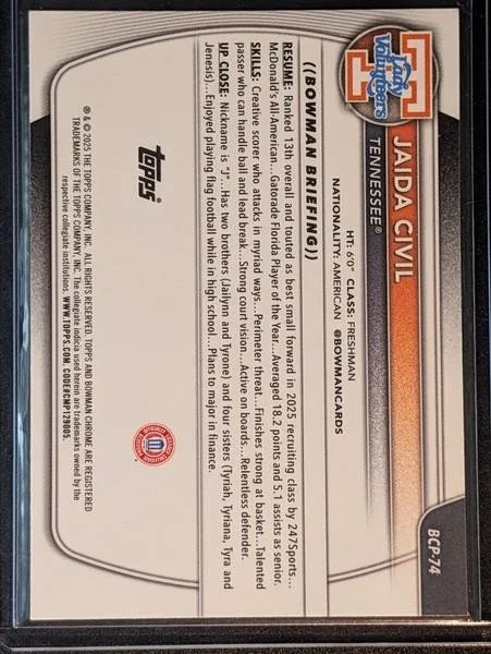 Back of 2025-26 Bowman #BCP-74 Jaida Civil Chrome Prospects Reptilian Refractor