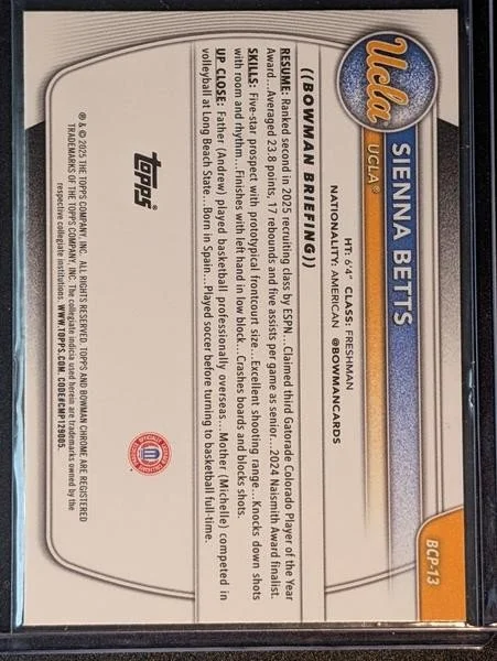 Back of 2025-26 Bowman #BCP-13 Sienna Betts Chrome Prospects Reptilian Refractor