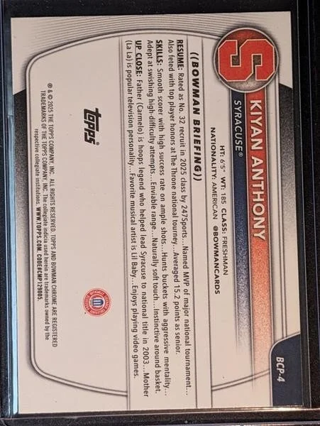Back of 2025-26 Bowman #BCP-4 Kiyan Anthony Chrome Prospects Mojo Refractor