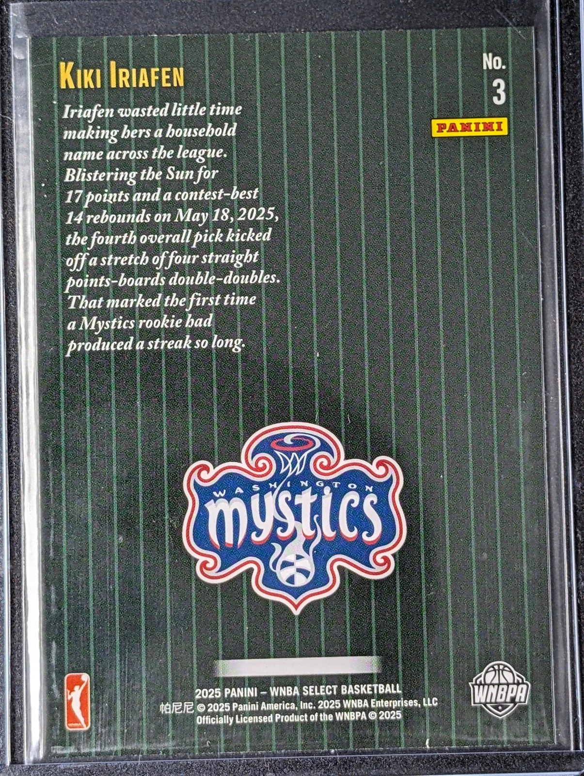 Back of 2025 Panini Select WNBA #3 Kiki Iriafen Score Select Throwback