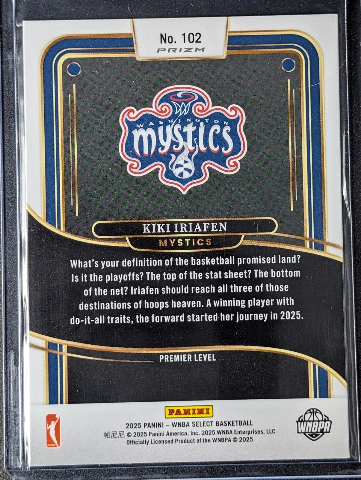 Back of 2025 Panini Select WNBA #102 Kiki Iriafen Silver Prizms