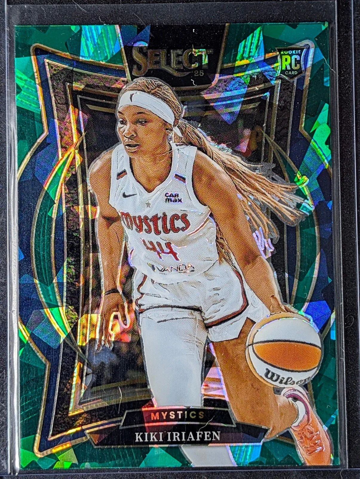 Front of 2025 Panini Select WNBA #91 Kiki Iriafen Green Ice Prizms