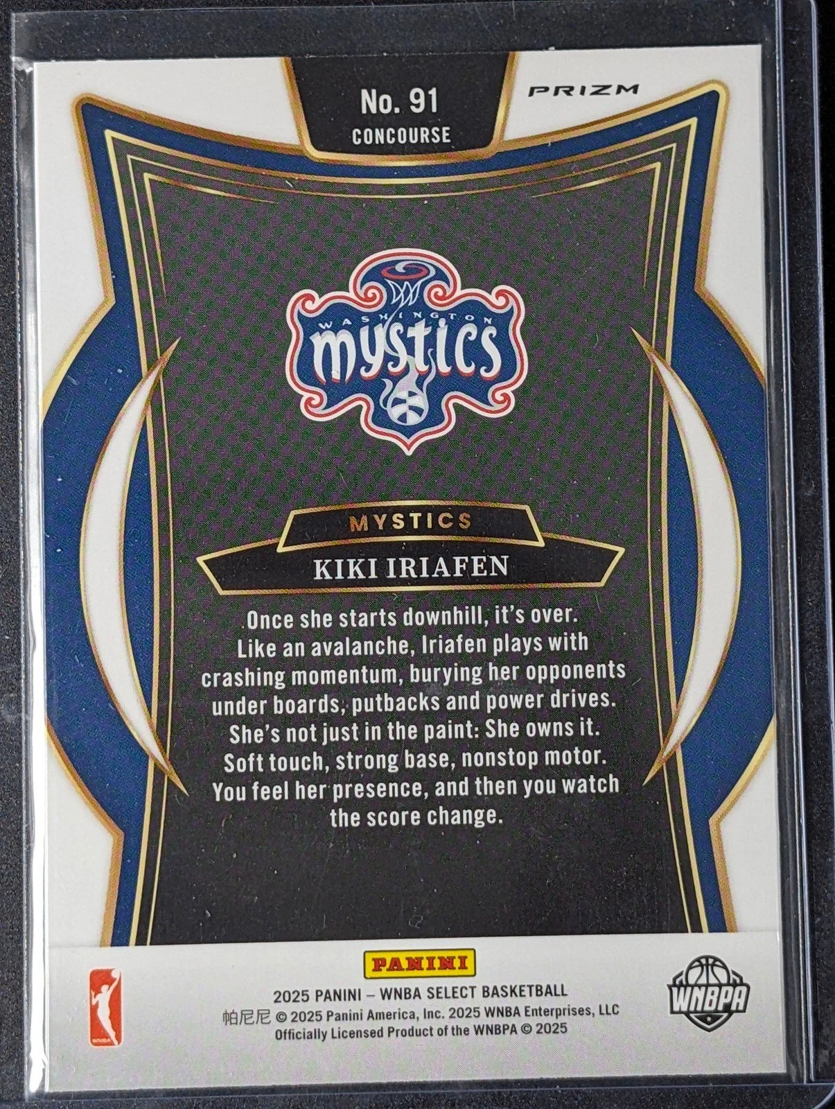 Back of 2025 Panini Select WNBA #91 Kiki Iriafen Green Ice Prizms