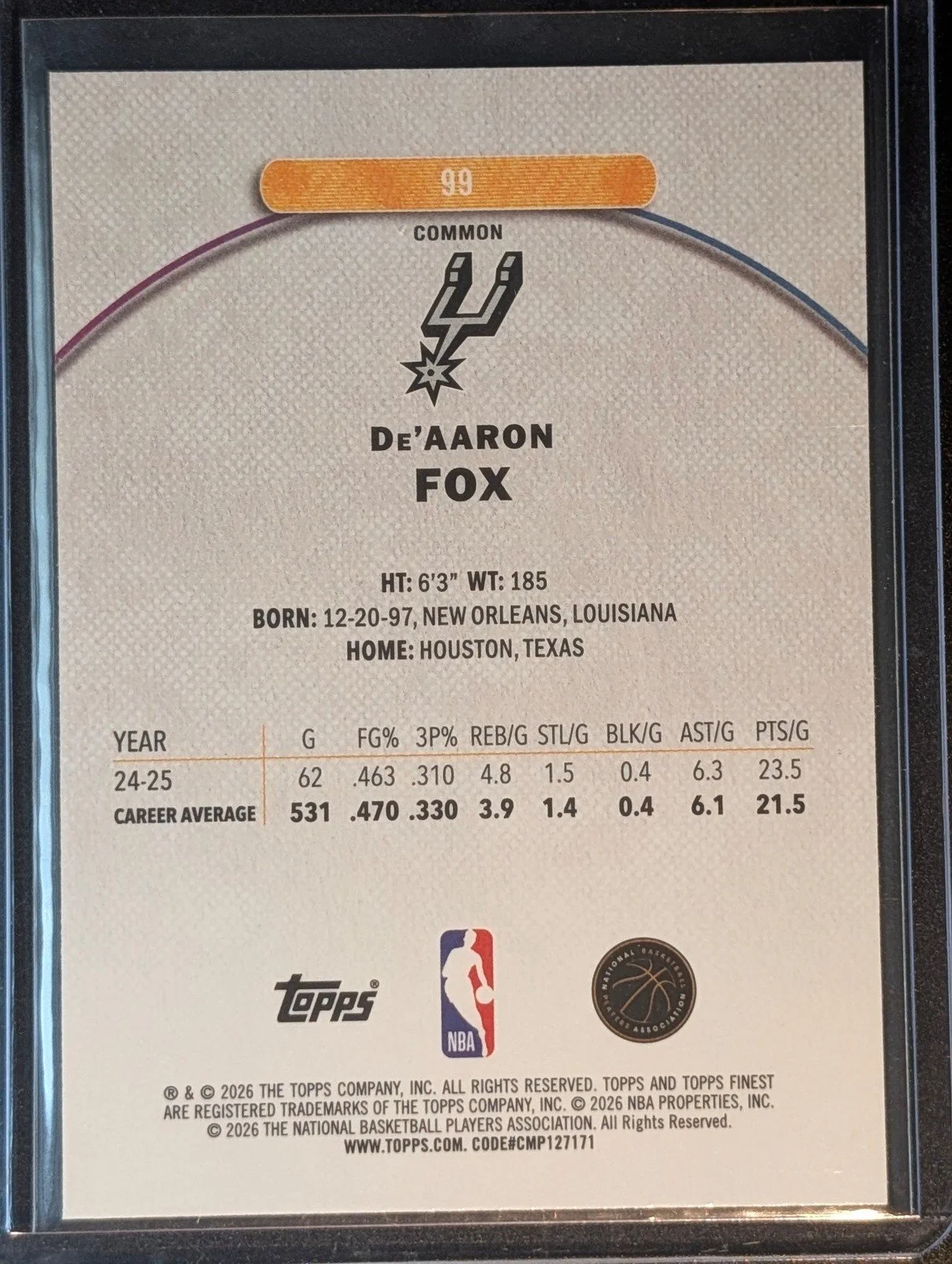 Back of 2025-26 Finest #99 De'Aaron Fox