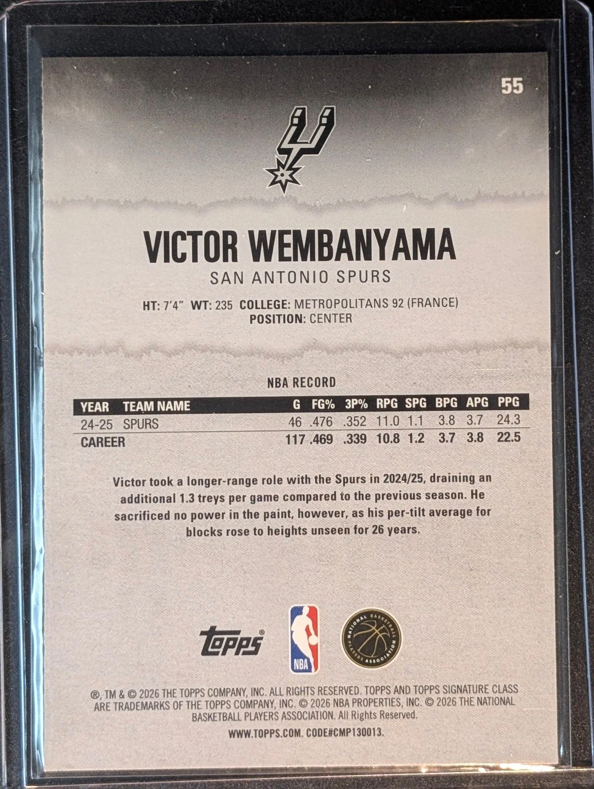 Back of 2025-26 Topps Signature Class #55 Victor Wembanyama Chrome