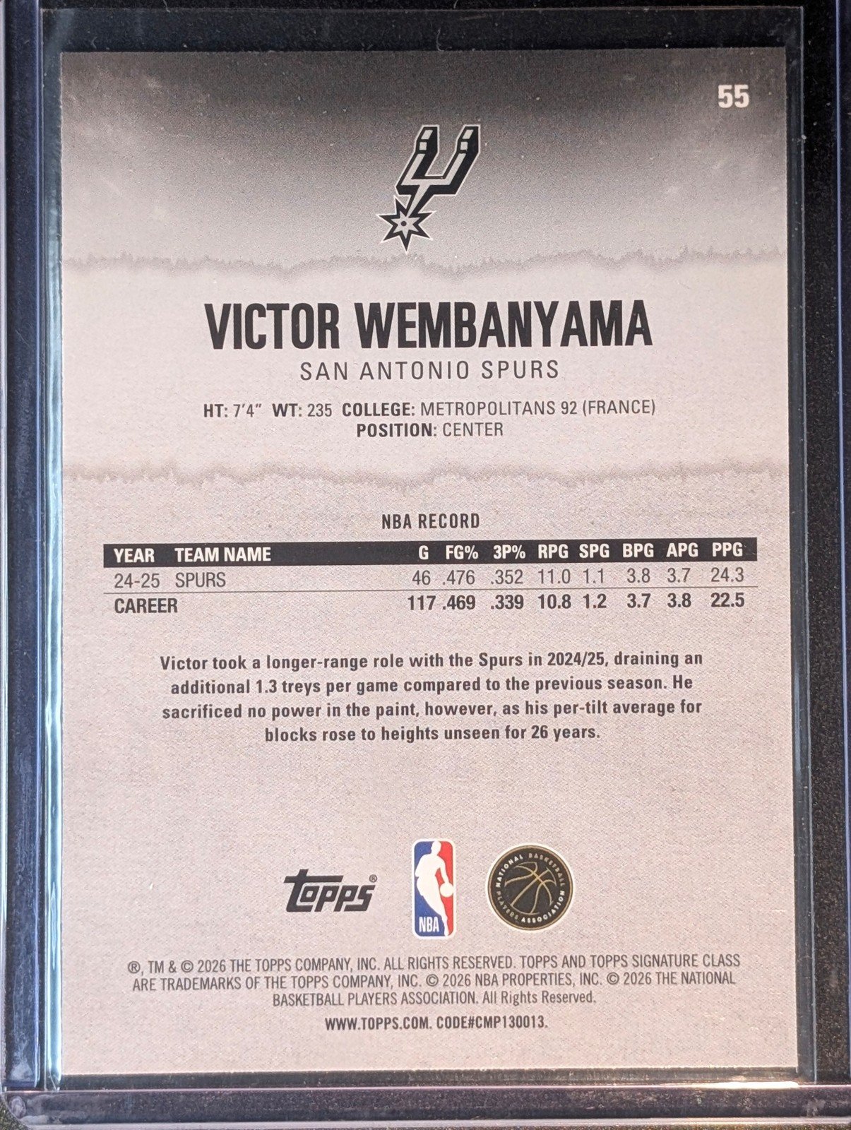 Back of 2025-26 Topps Signature Class #55 Victor Wembanyama Chrome