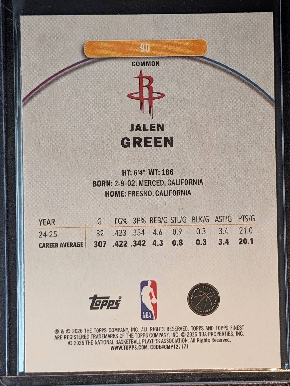 Back of 2025-26 Finest #90 Jalen Green Oil Spill Refractor