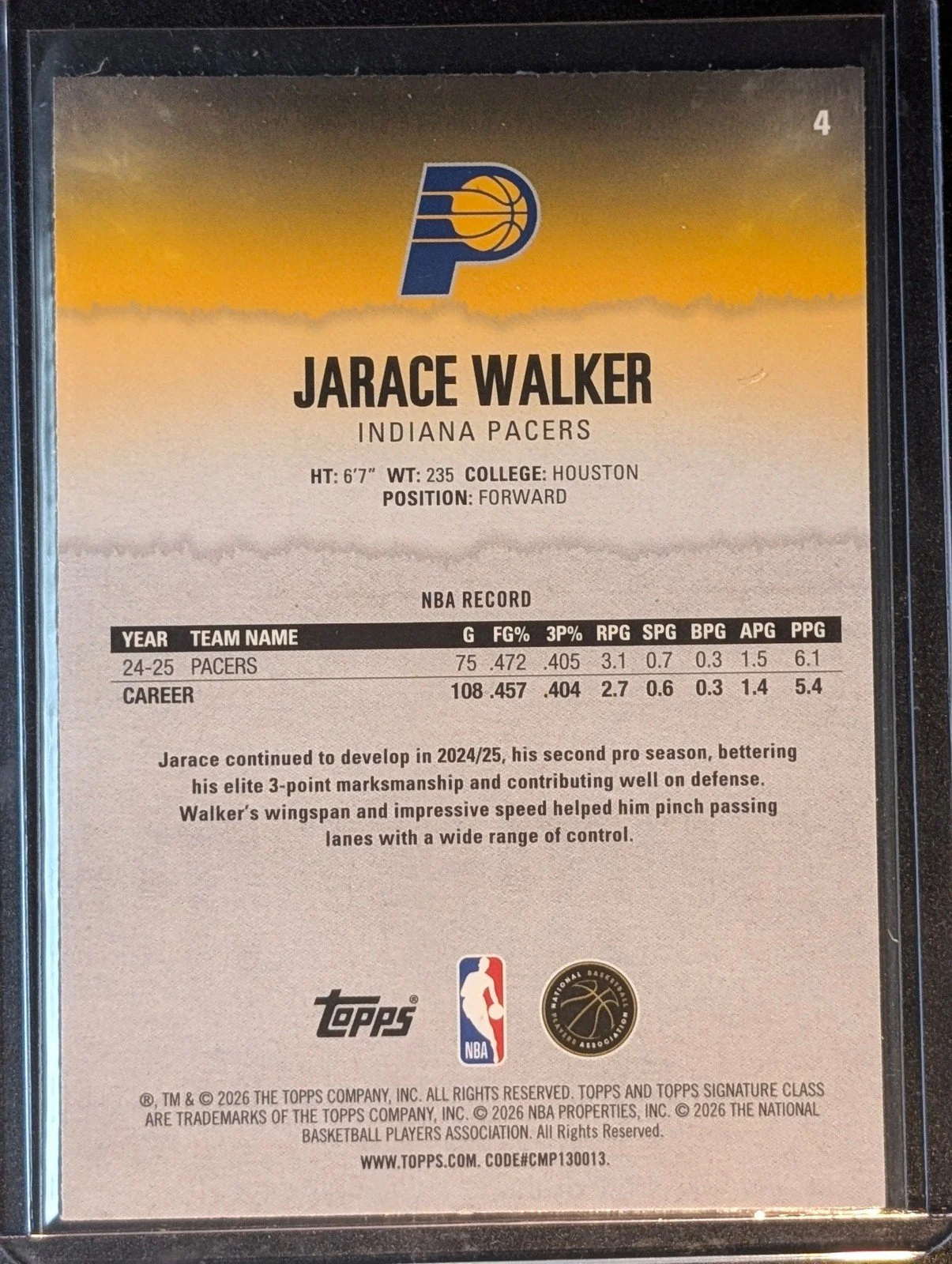 Back of 2025-26 Topps Signature Class #4 Jarace Walker Chrome