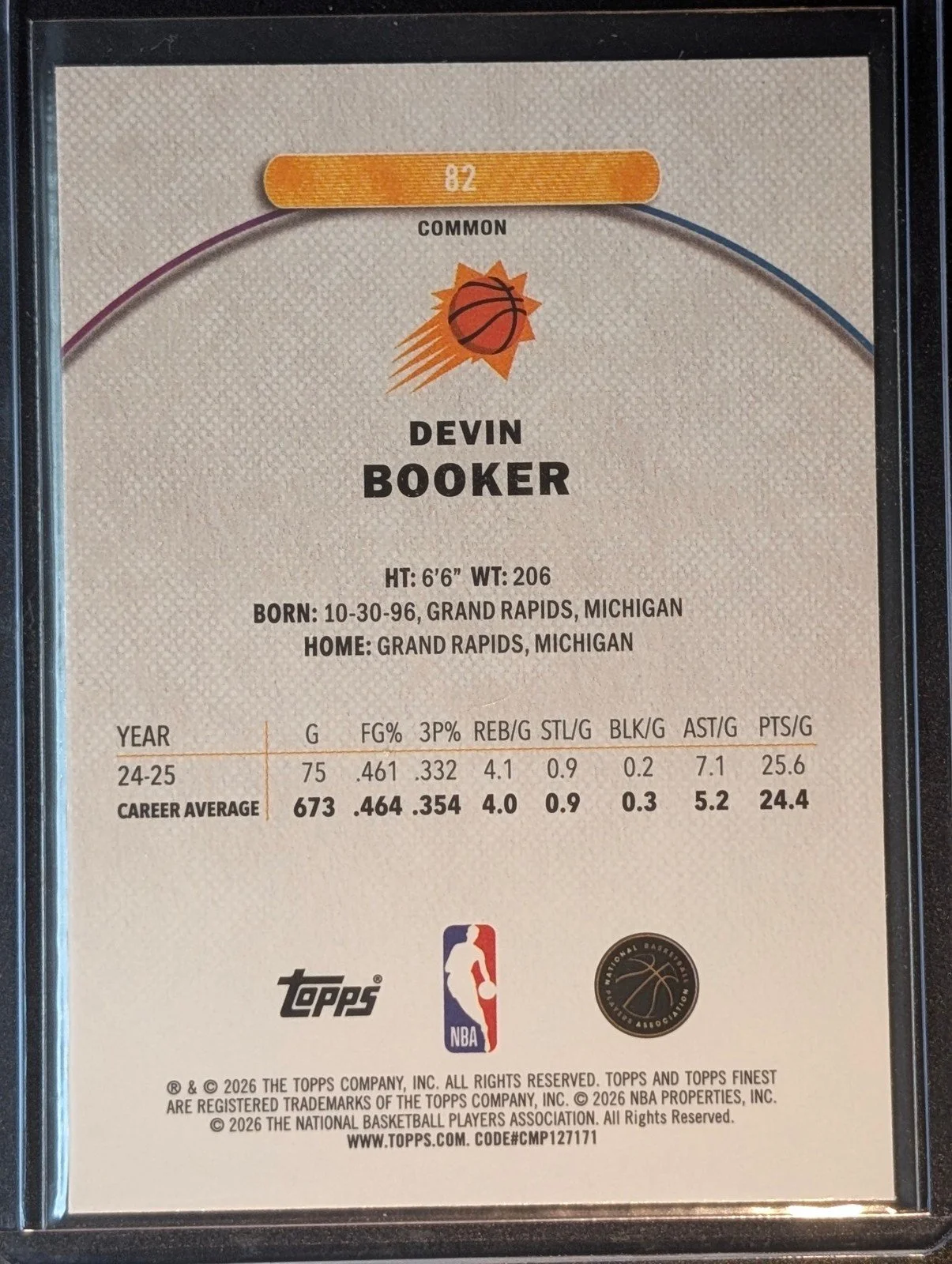 Back of 2025-26 Finest #82 Devin Booker