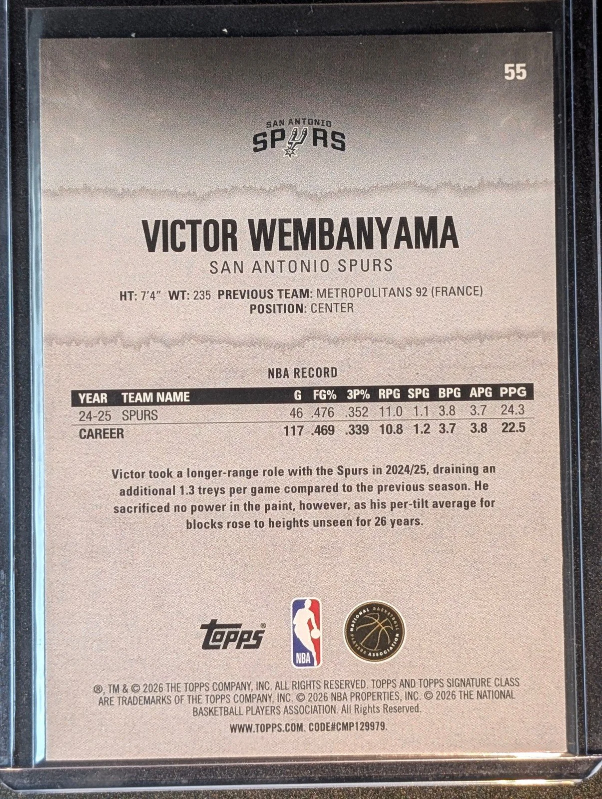 Back of 2025-26 Topps Signature Class #55 Victor Wembanyama
