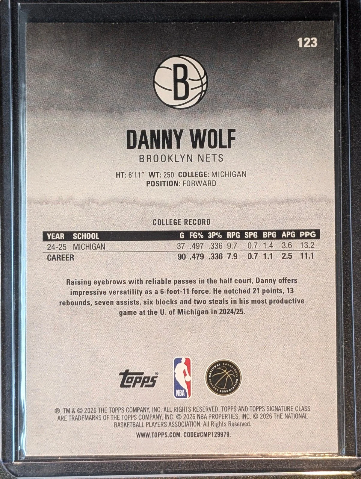 Back of 2025-26 Topps Signature Class #123 Danny Wolf